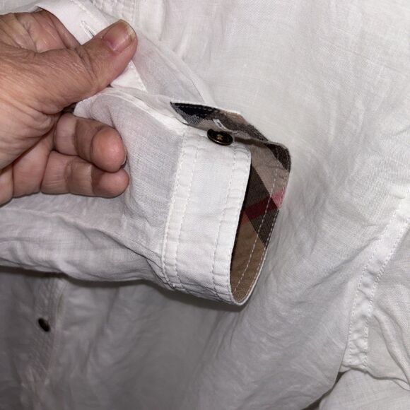 Burberry Brit White NovaCheck Tunic Top 3/4 Roll Tab Sleeve Ramie Blouse XL - Picture 5 of 14